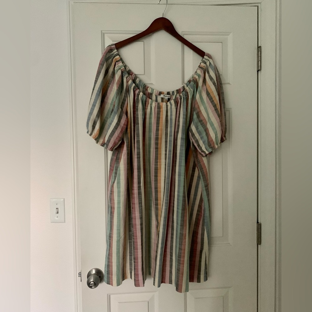 Madewell Puff-Sleeve Trapeze Mini Dress in Rainbow Stripe
